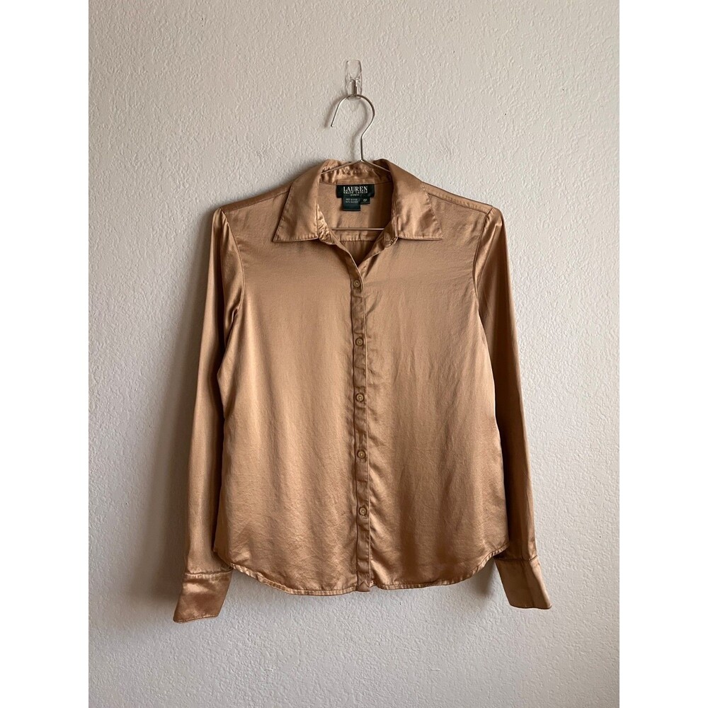 Lauren Ralph Lauren Women's 100% Silk Button Down Top in Gold Size 6 PETITE